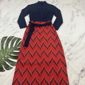 Bleeker Street Womens Vintage 70s Maxi Dress Size M Blue Red High Neck Tie Belt